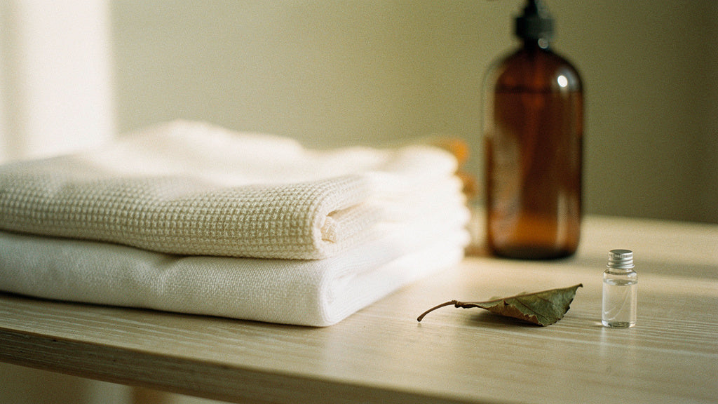 Ayurveda Weichspüler mit Amla-Öl und Patchouli neben frisch gewaschenen Baumwollhandtüchern und Bettwäsche